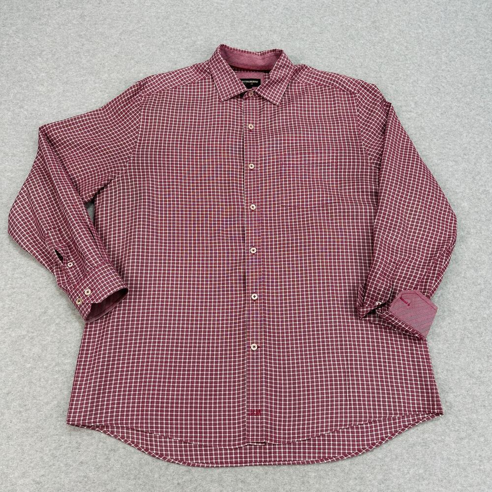 Johnston & Murphy Shirt Mens L Burgundy White Checkered Herringbone Long Sleeve